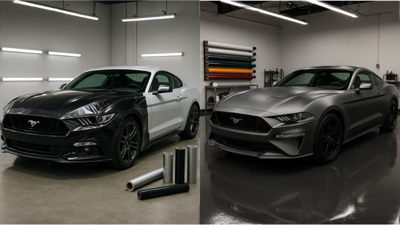 Side by side comparison of partially and fully wrapped Mustang