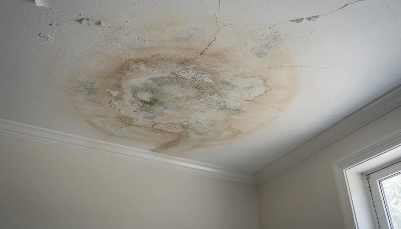 The image shows a ceiling with visible water stains and discoloration, indicating potential indoor mold growth. This may suggest excess moisture and the presence of decaying organic matter, which can lead to health risks such as allergic reactions and asthma symptoms.