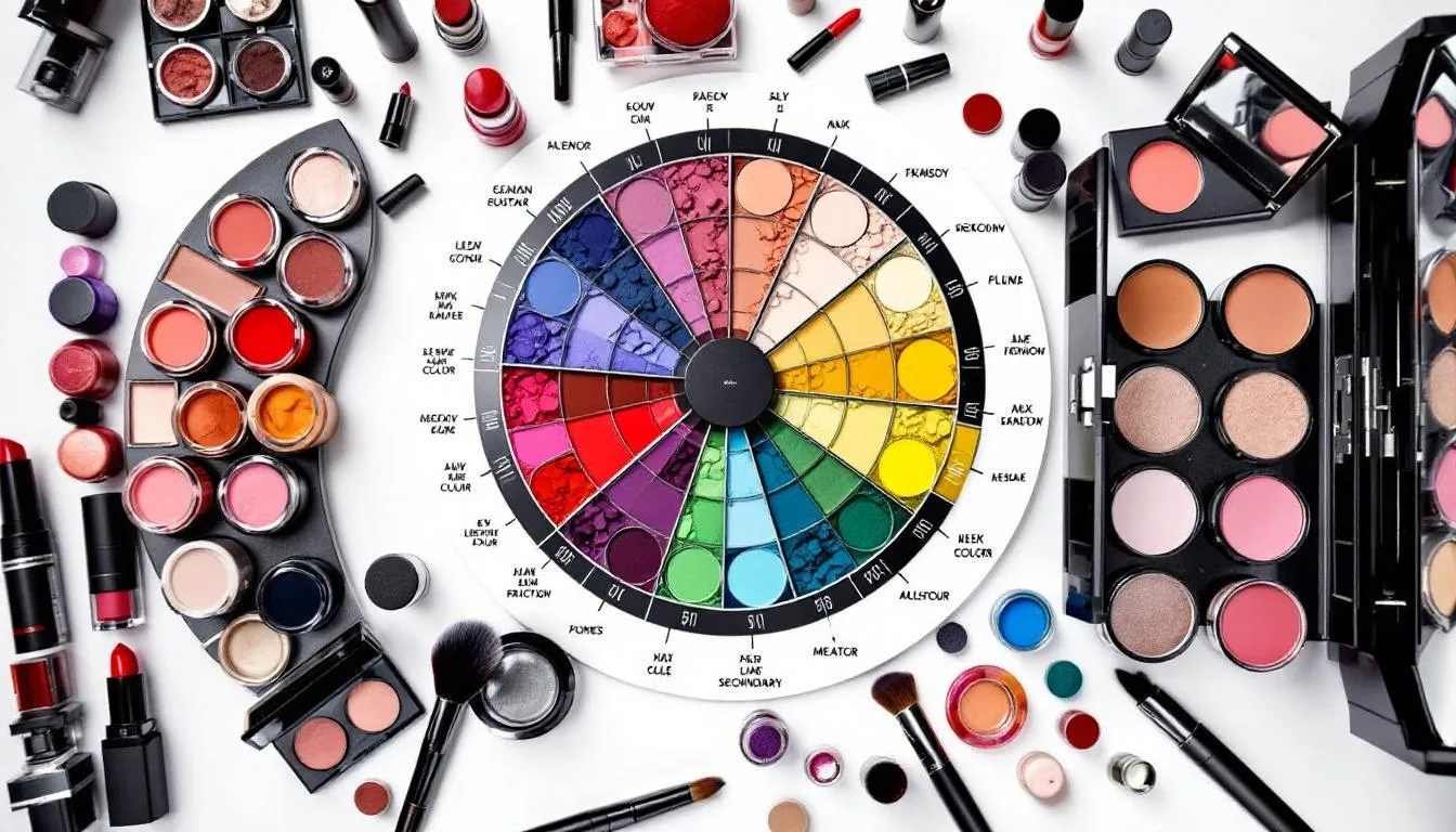 Una rueda cromática profesional presenta una variedad de productos de maquillaje organizados por colores, mostrando tonalidades que ayudan a elegir los tonos adecuados para diferentes tipos de piel. Esta herramienta es esencial para entender la colorimetría en el maquillaje y crear looks armoniosos.