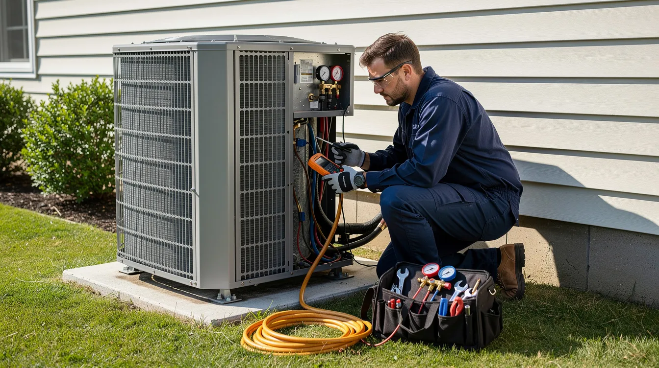 An HVAC technician in work gear is kneeling beside an outdoor 4 ton AC unit, equipped with various tools for maintenance or installation. The technician is focused on ensuring proper airflow and efficiency of the HVAC system, which can help save money on energy bills.