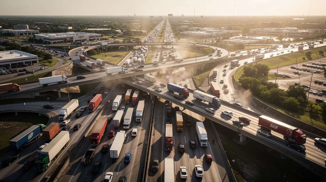 An aerial view captures a bustling Houston highway interchange filled with commercial trucks and passenger vehicles, all caught in heavy traffic. This scene highlights the potential for truck accidents, emphasizing the importance of having a knowledgeable Houston truck accident lawyer for those involved in such serious truck accident cases.