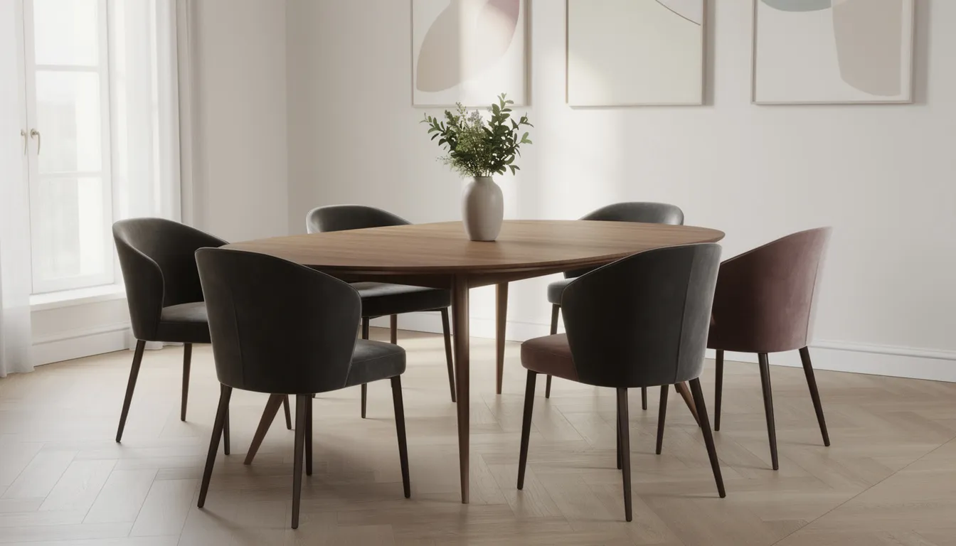 Een elegante eetkamer met een ovale houten eettafel, omringd door zes fluwelen stoelen, baadt in natuurlijk licht en creëert een uitnodigende uitstraling. De combinatie van de ovale vorm van de tafel en de zachte stoelen zorgt voor een gezellige sfeer, perfect voor een gezellig samenzijn met vrienden en familie.