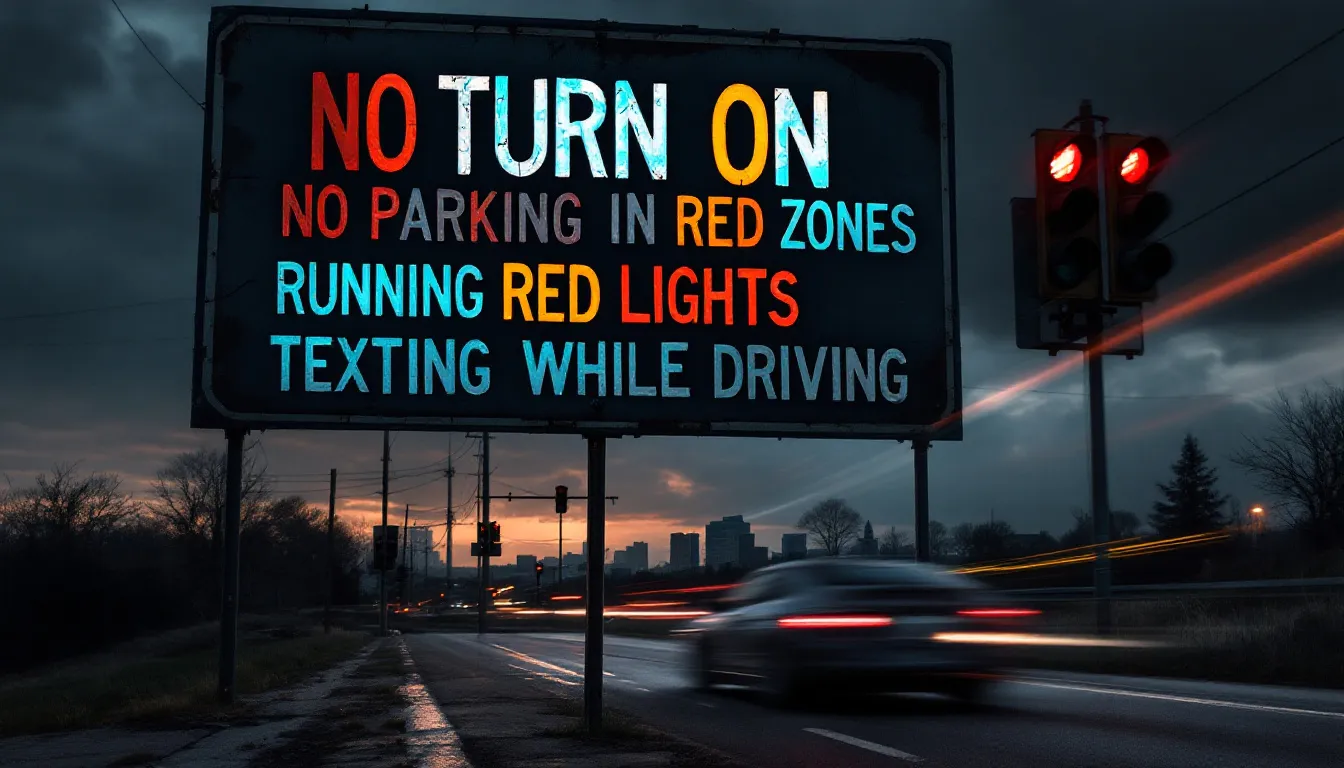 Common traffic violations in Durham County being illustrated on a road sign.