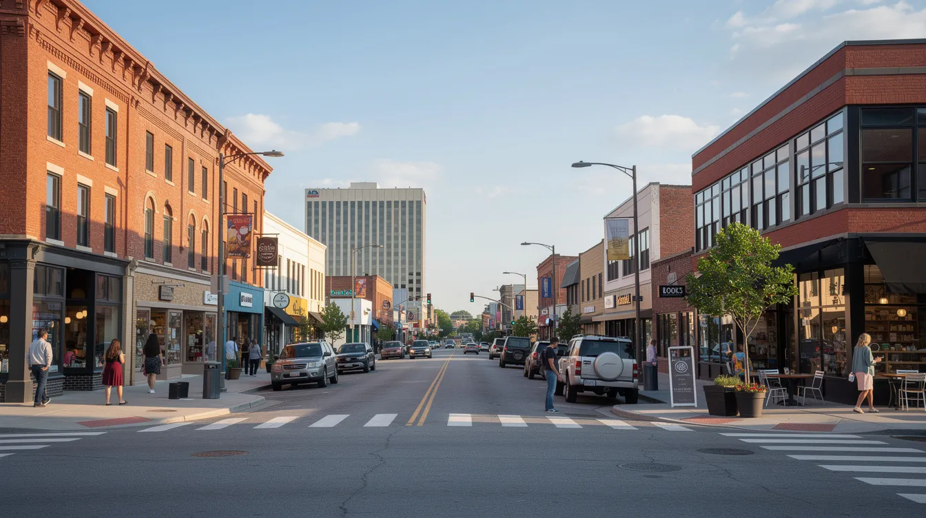 A bustling downtown street view of a mid-sized American city features various commercial buildings, showcasing the vibrant atmosphere of urban life. This scene reflects the potential for auto transport services, highlighting the convenience of car shipping in Arkansas for local residents and businesses.