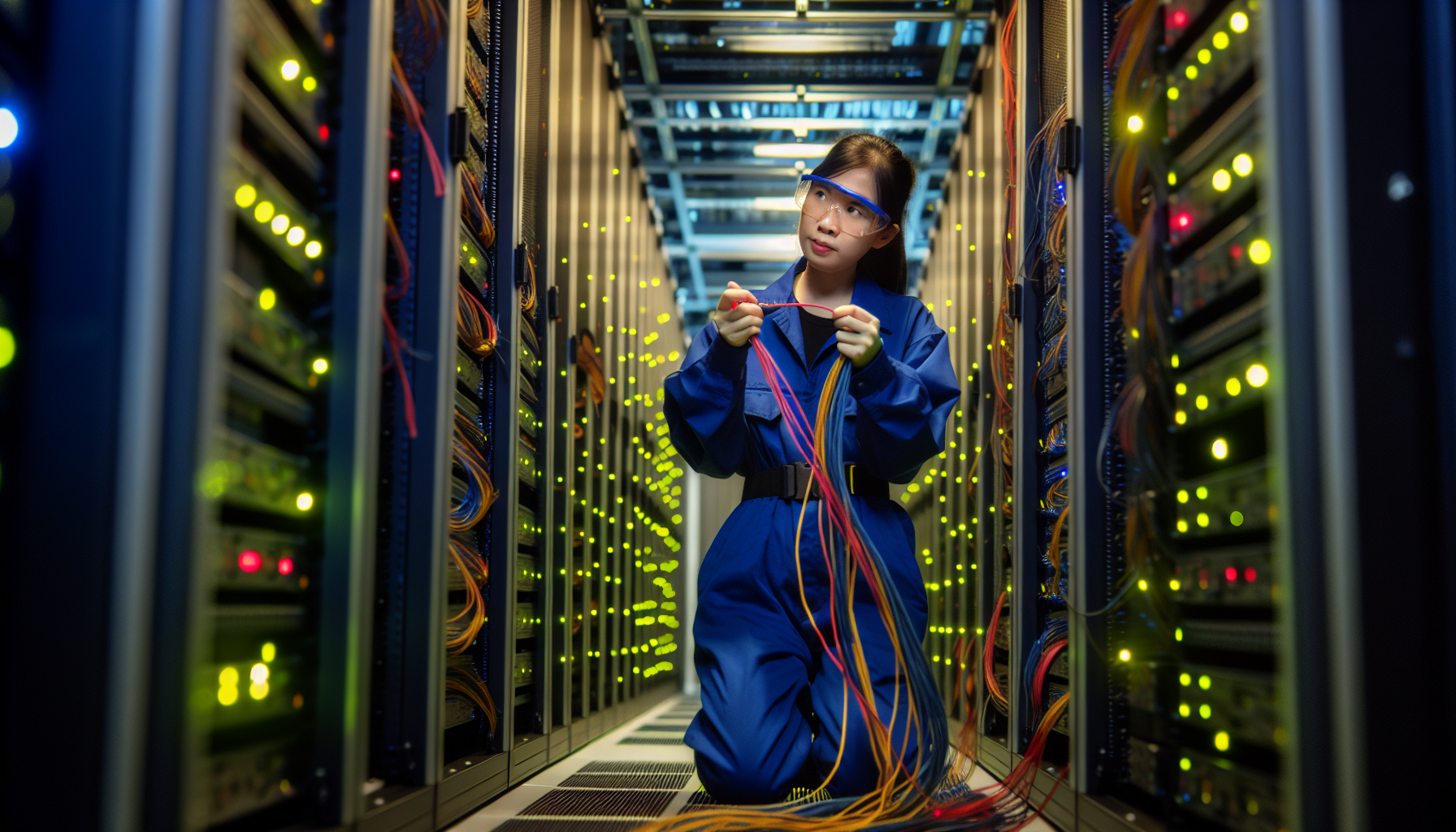 A technician installing low voltage cables in a data center