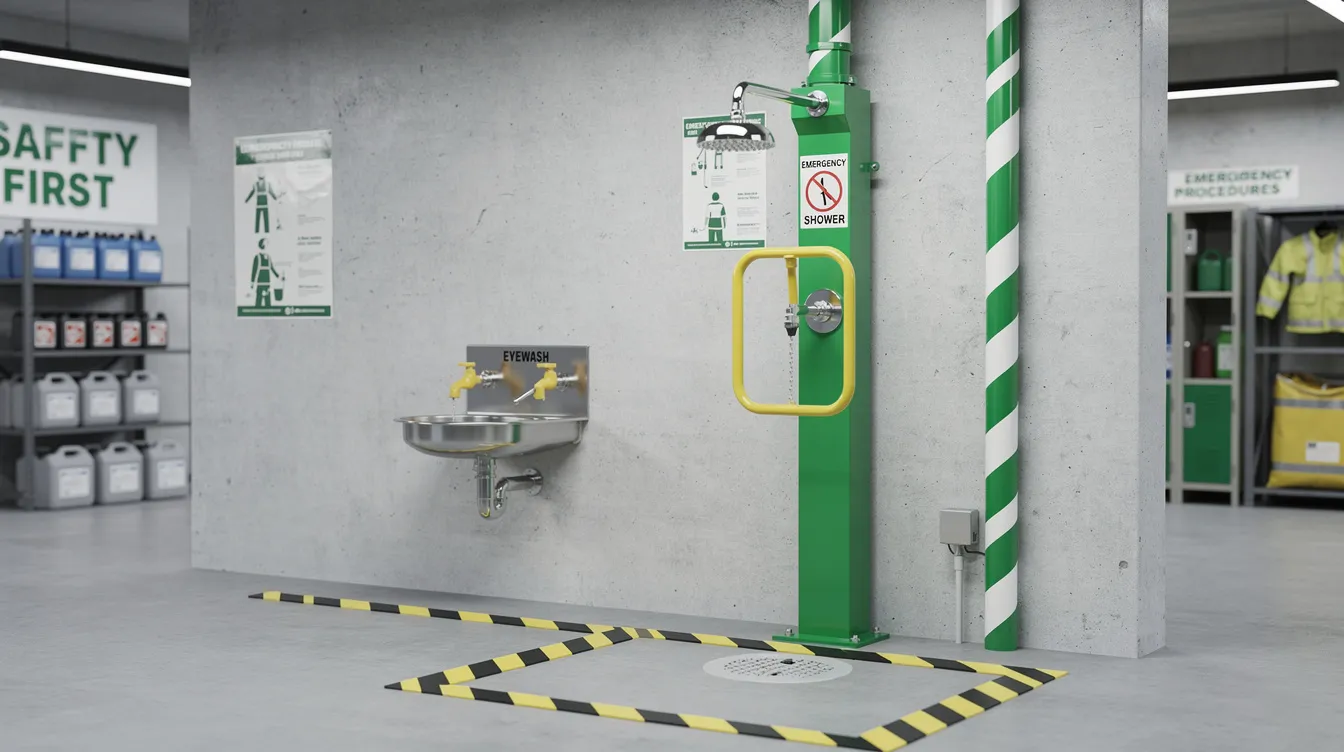 The image shows an emergency safety shower and eyewash station designed for workplace safety, prominently featuring clear signage and proper labeling. This essential equipment is crucial for providing immediate first aid in case of chemical exposure or injury from hazardous substances, helping to prevent severe internal damage and protect employees from serious injuries.