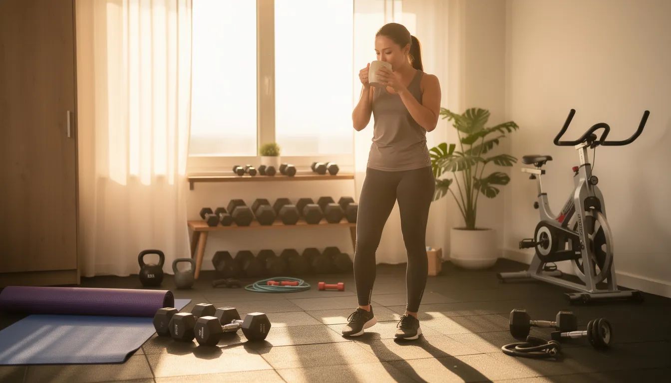 A person is enjoying a cup of hot coffee in a home workout space during the morning, possibly considering mixing creatine with coffee for enhanced physical performance. The setting suggests a focus on fitness, with equipment in the background, highlighting a blend of morning routine and exercise preparation.