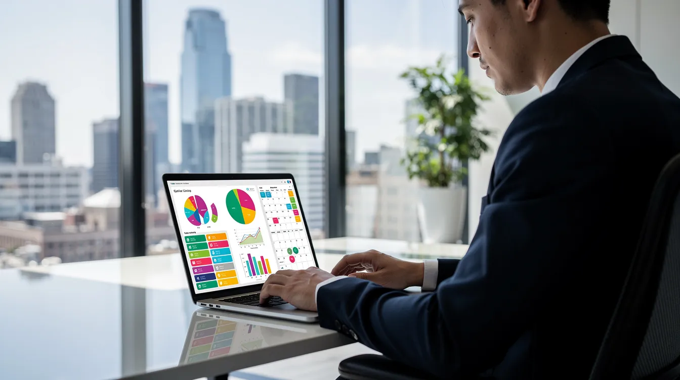 A person sits at a modern office desk using a laptop that displays colorful charts and calendar reminders, with large windows showcasing a city skyline. This setting highlights the importance of compliance management for NYC buildings, emphasizing local law requirements and the need for property owners to navigate evolving regulations and ensure safety standards.