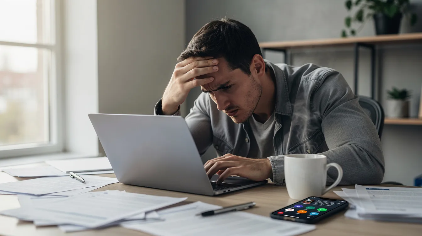Ein gestresster Mensch sitzt an einem Schreibtisch, umgeben von einem Laptop, einer Kaffeetasse und einem Smartphone, während natürliches Licht durch das Fenster strömt. Diese Szene verdeutlicht die Herausforderungen der Stressbewältigung im Berufsleben und die Auswirkungen von Stressfaktoren auf den Körper.