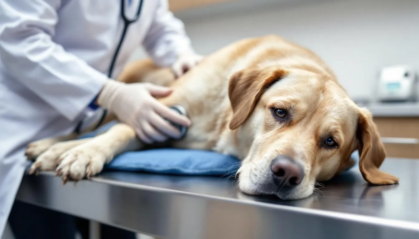 A large breed dog, possibly a Doberman Pinscher, is being examined by a veterinarian using a stethoscope to assess its heart health. The examination may be focused on detecting clinical signs of dilated cardiomyopathy (DCM) or other heart diseases that can lead to congestive heart failure.