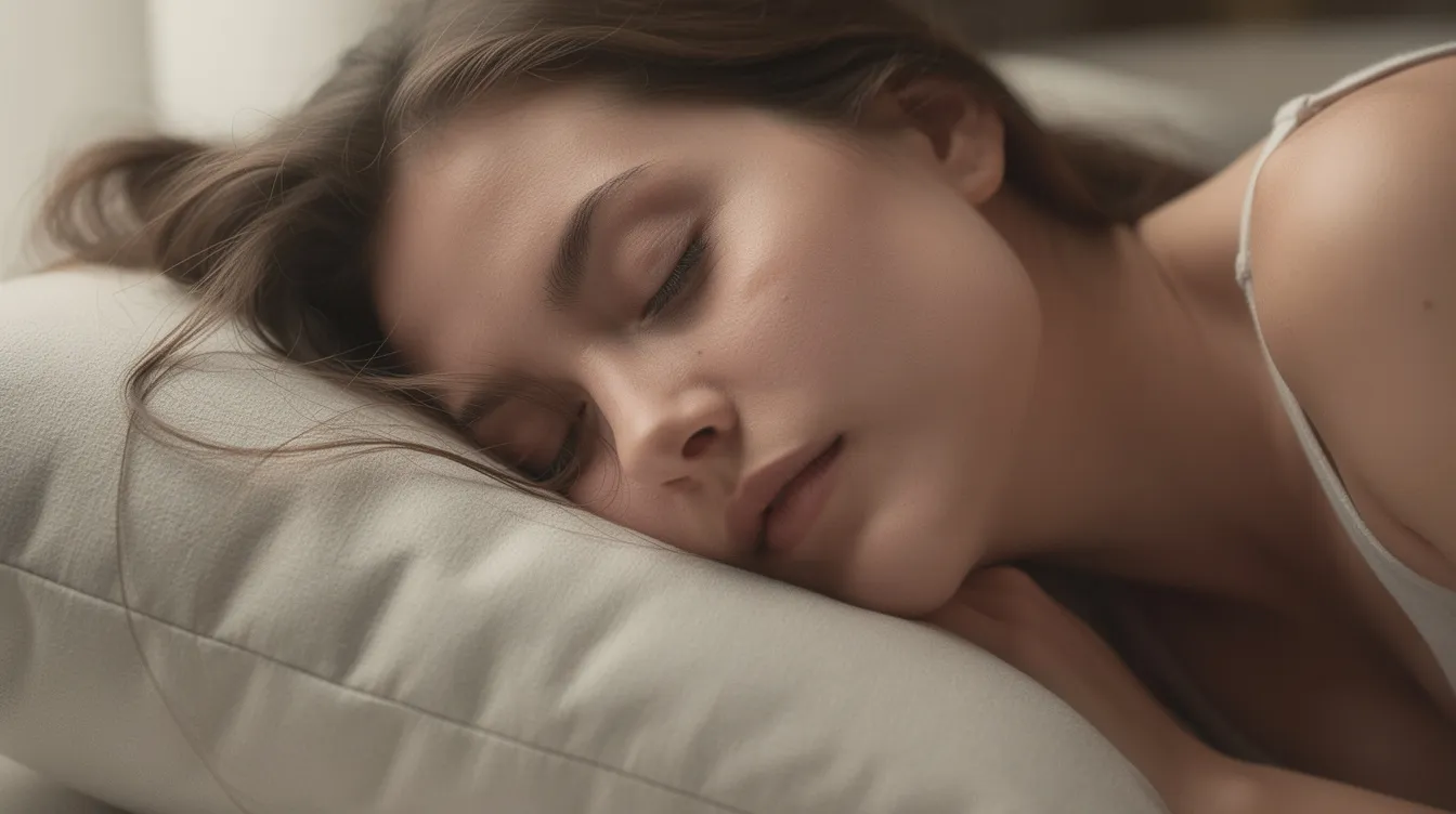 A person is peacefully sleeping on a smooth satin pillowcase, with loose hair gently resting on the fabric, highlighting the benefits of silk for healthier hair and minimizing frizz. The luxurious texture of the pillowcase promotes beauty sleep by reducing sleep lines and hair damage throughout the night.