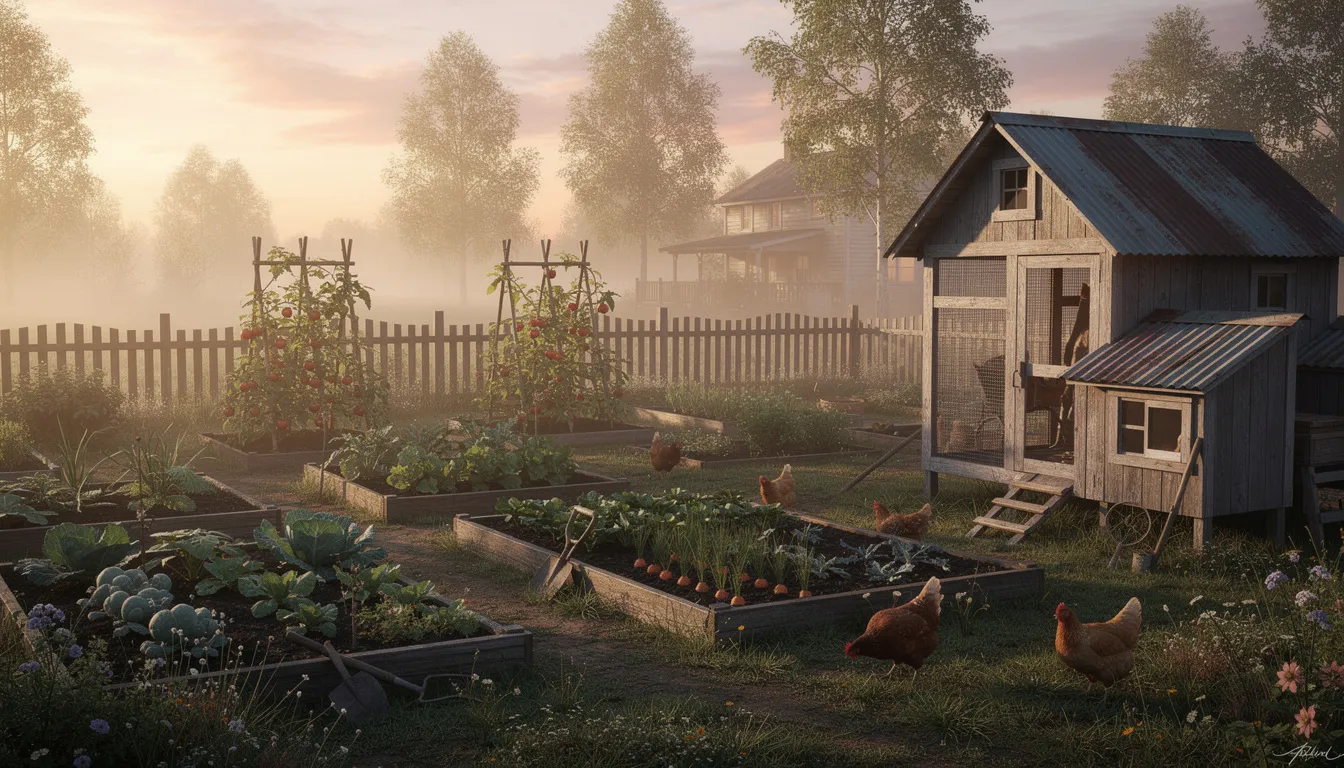 A rustic homestead garden at sunrise features neatly arranged vegetable beds and a charming chicken coop, creating a serene and inviting atmosphere. The early morning light casts a warm glow over the scene, enhancing the natural beauty of this peaceful setting.