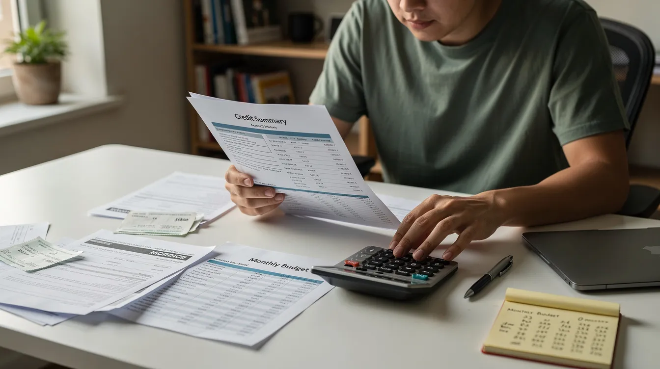 c131a5a8 636c 4b83 a55c 450c19750359 A person is sitting at a desk, meticulously reviewing financial documents and a credit report, with a calculator nearby. This scene highlights the importance of understanding credit scores and financial assistance options, such as mudra loans, for individuals looking to improve their financial standing and secure future loans.