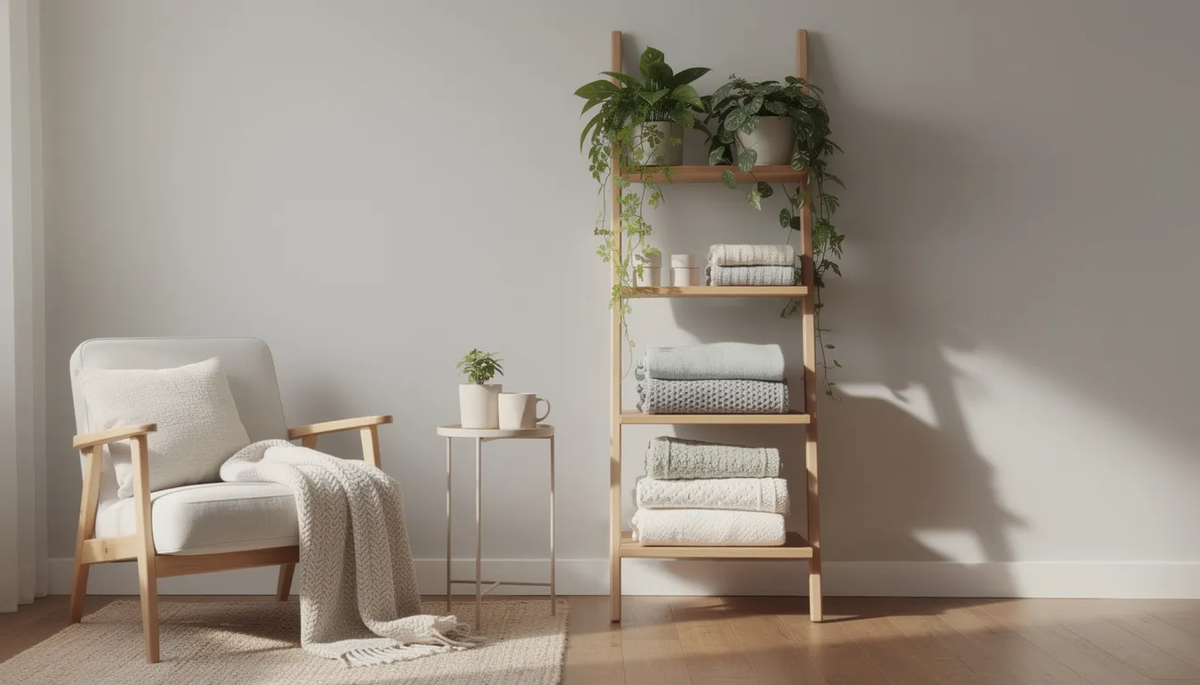 The image features a well-organized corner of a small living room, showcasing a stylish ladder shelf filled with cozy blankets and vibrant plants, effectively maximizing vertical space. This arrangement not only adds visual interest but also saves valuable floor space in a compact apartment setting.