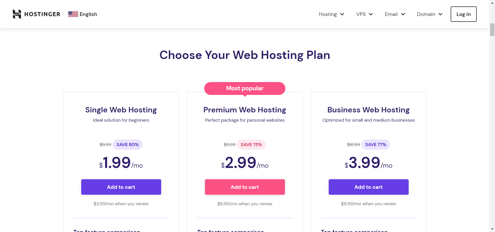 Hostinger pricing page