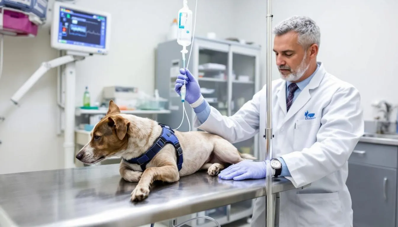 In an emergency clinic, a veterinarian is treating a dog that has ingested chocolate, administering IV fluids to counteract chocolate poisoning. The setting is sterile, with medical equipment surrounding the veterinarian as they monitor the dog