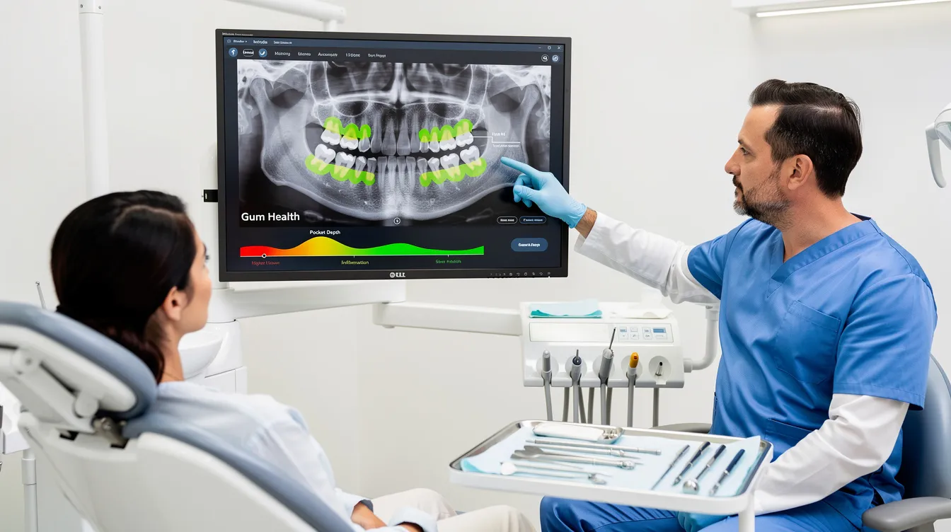 A patient and a dentist are examining digital dental X-rays on a large monitor in a modern dental office, highlighting indicators of gum health and potential issues such as gum disease. This collaborative review supports maintaining optimal oral health and emphasizes the importance of regular dental check-ups for early detection of dental issues.