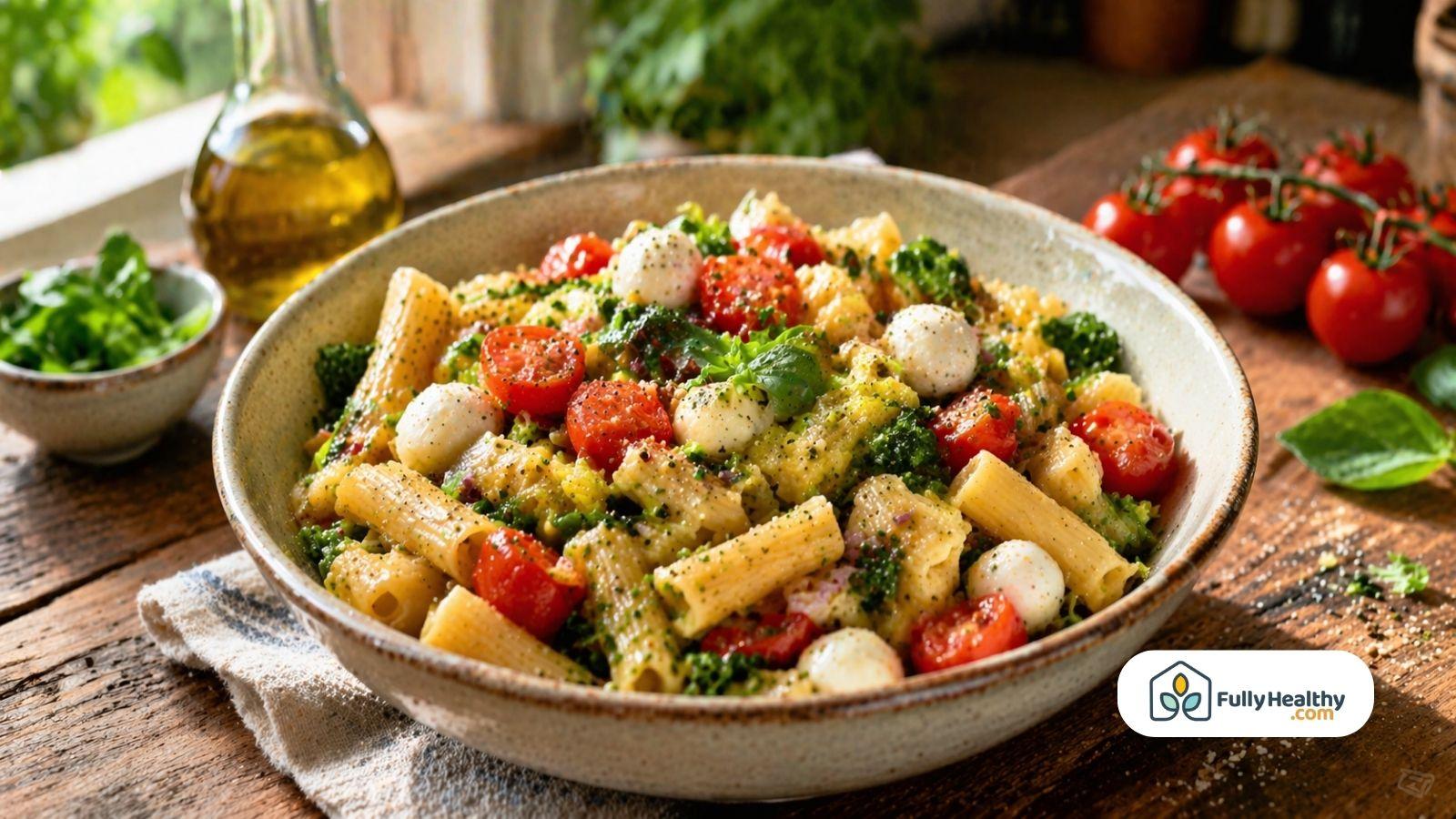 Chickpea pasta salad with tomatoes cheese and greens on wooden table