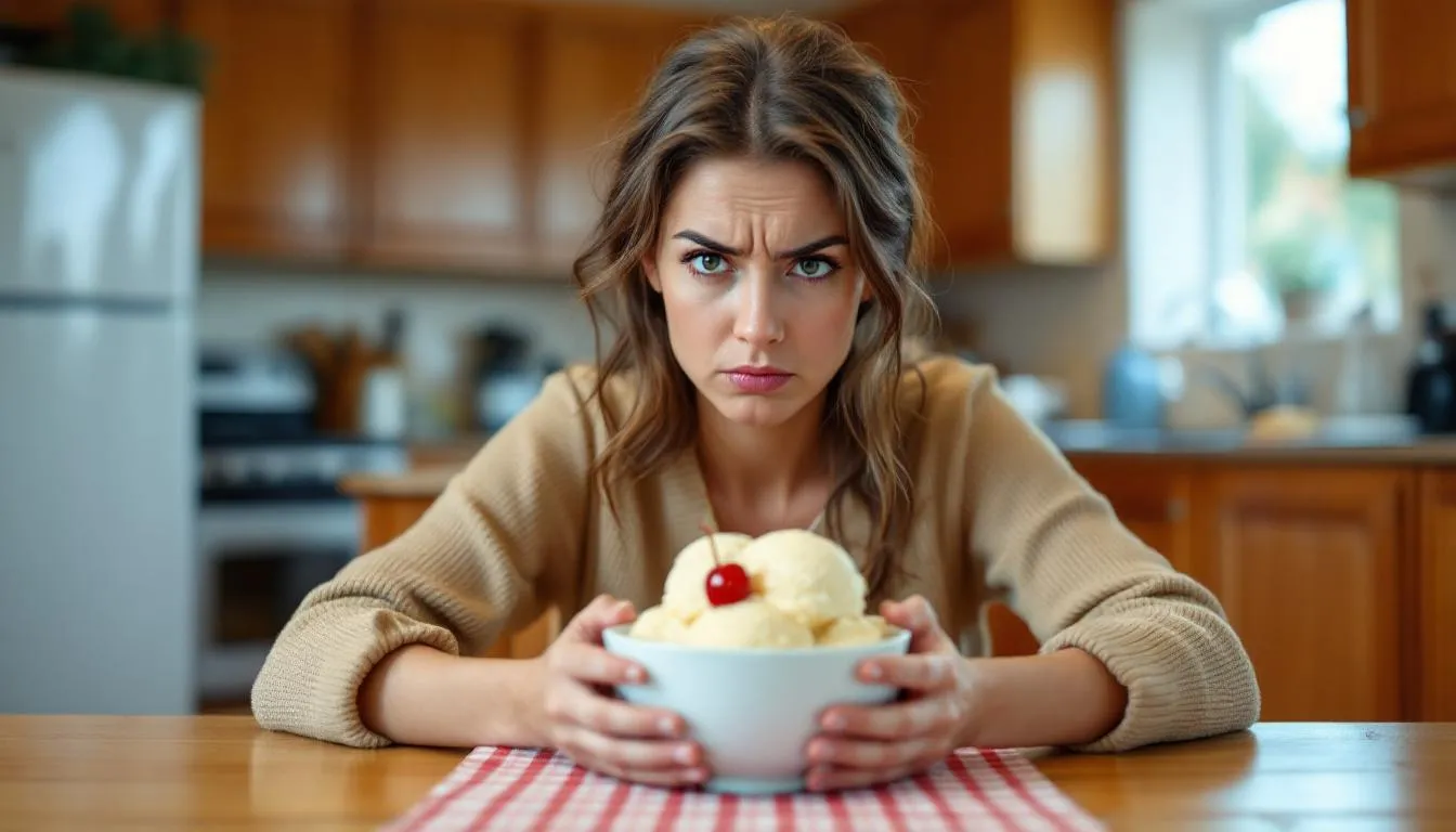 A woman is sitting at a table, holding a bowl of ice cream with a disappointed expression on her face, suggesting she is not enjoying the treat. The ice cream appears to be a low carb option, possibly a keto ice cream, but her reaction indicates it may not meet her expectations for flavor or texture.