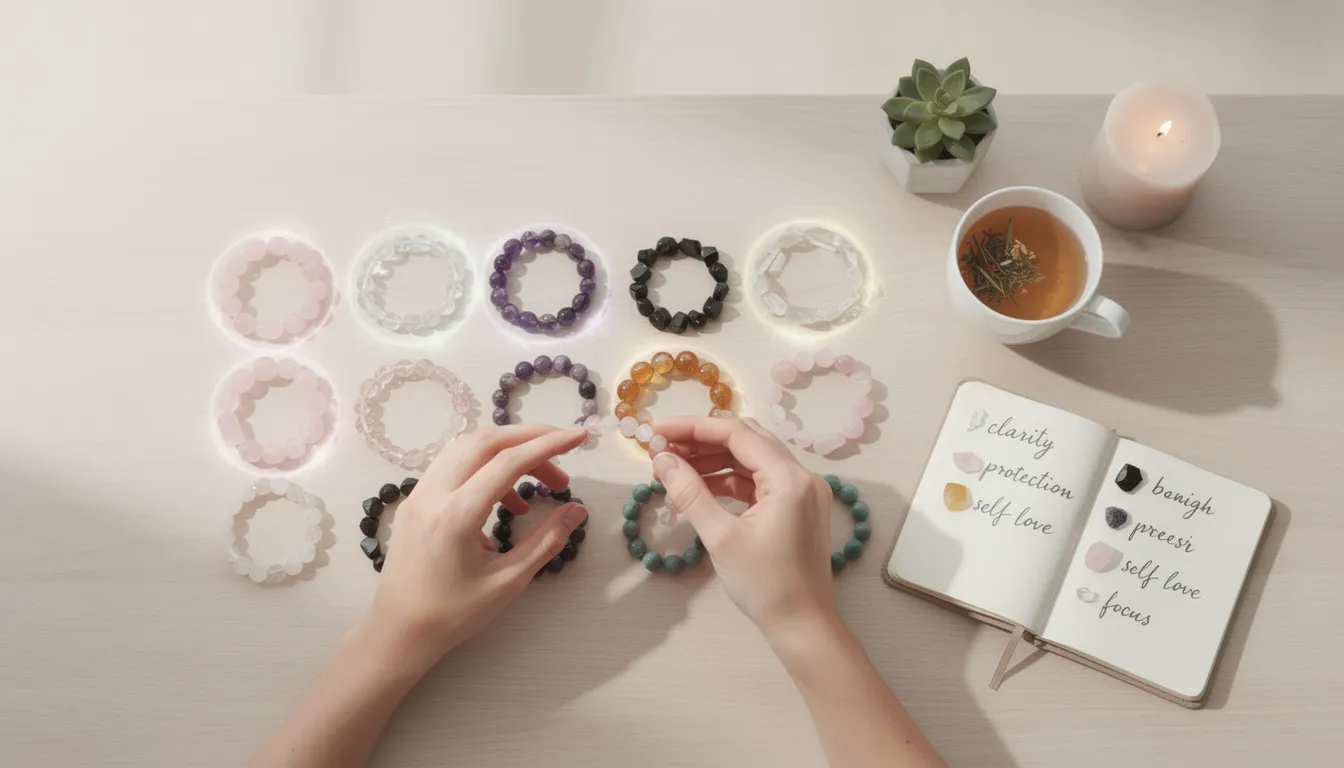 The image depicts a selection of beautifully crafted crystal bracelets, showcasing a range of gemstones and styles. Each piece is designed to resonate with personal intentions and energy, making them perfect gifts or additions to any jewellery collection.