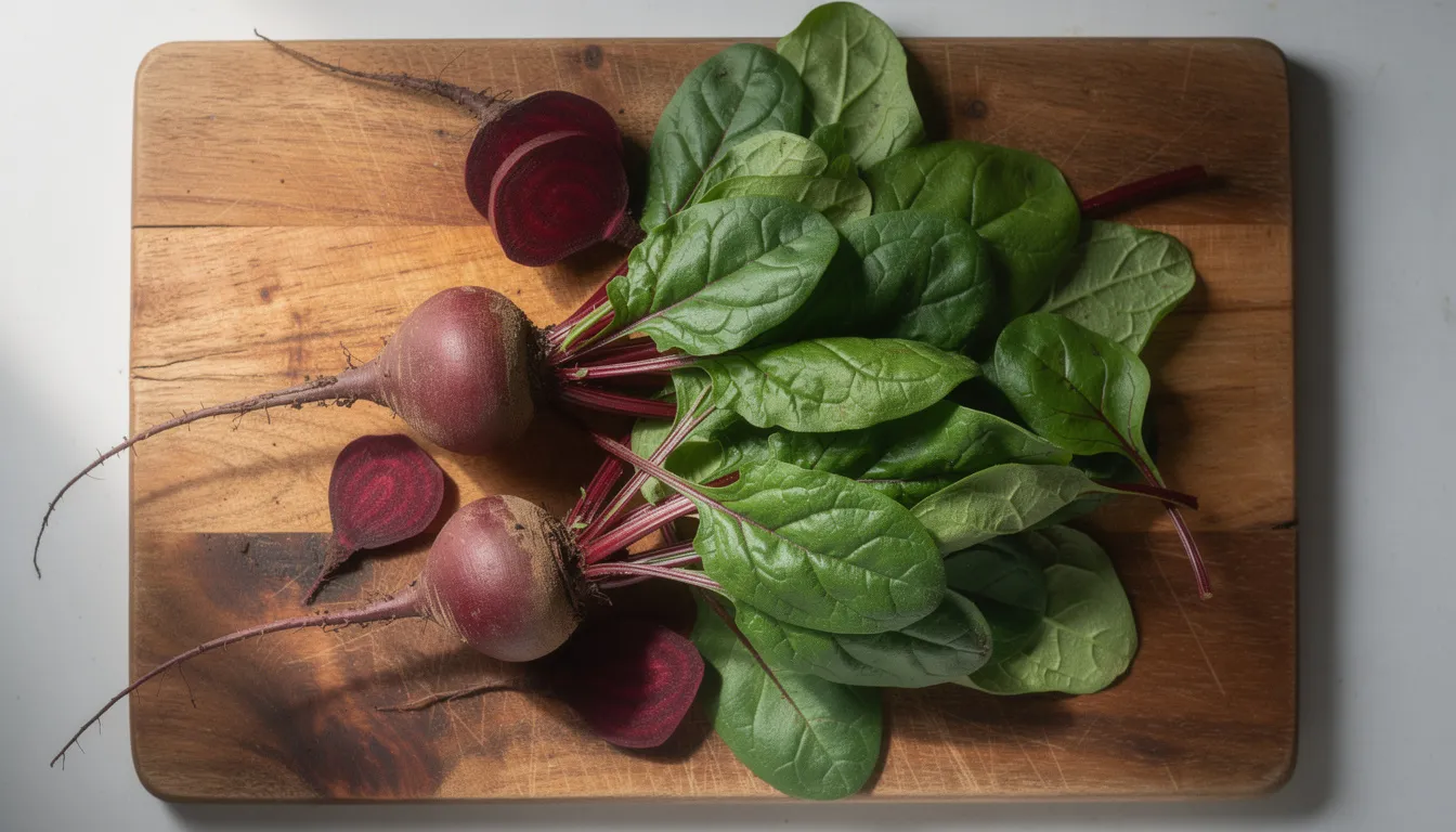 The image features fresh red beets and vibrant green spinach leaves arranged on a wooden cutting board, highlighting the natural colors and textures of these nutritious vegetables. This combination is not only visually appealing but also supports healthy methylation processes and overall cellular health.