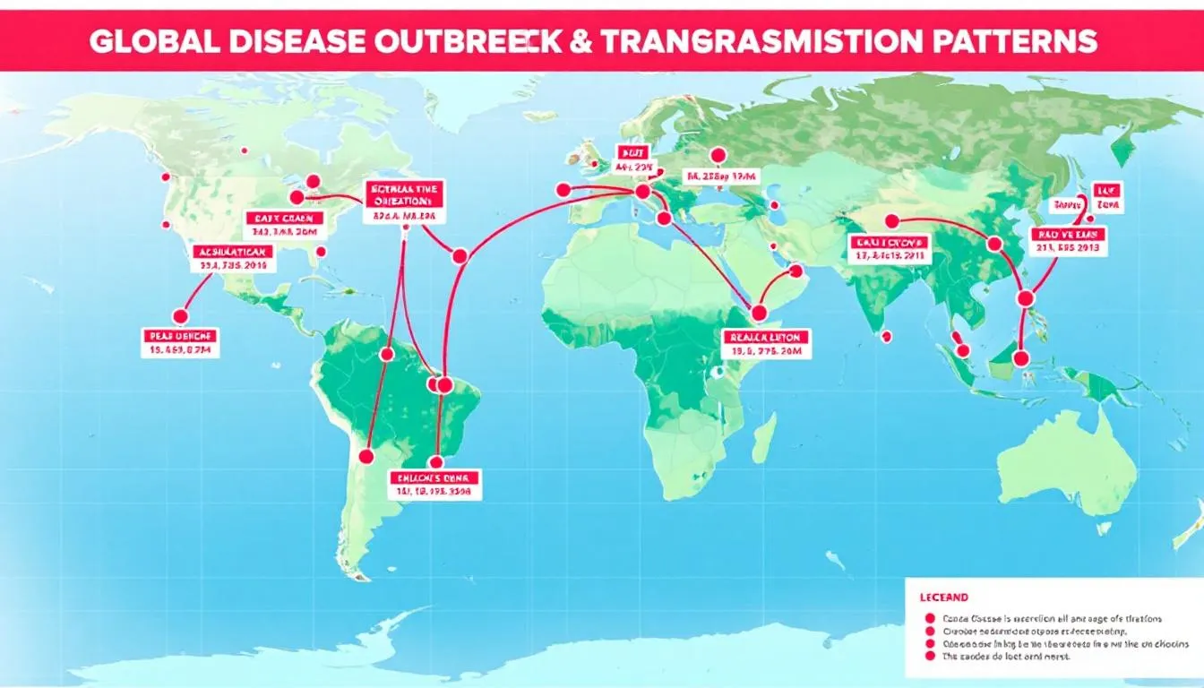 The image depicts a global disease surveillance map highlighting outbreak locations and transmission patterns of various infectious diseases, including viral infections and bacterial infections. It visually represents the spread of illnesses like influenza virus and severe acute respiratory syndrome, emphasizing the importance of disease control and awareness among health care providers.