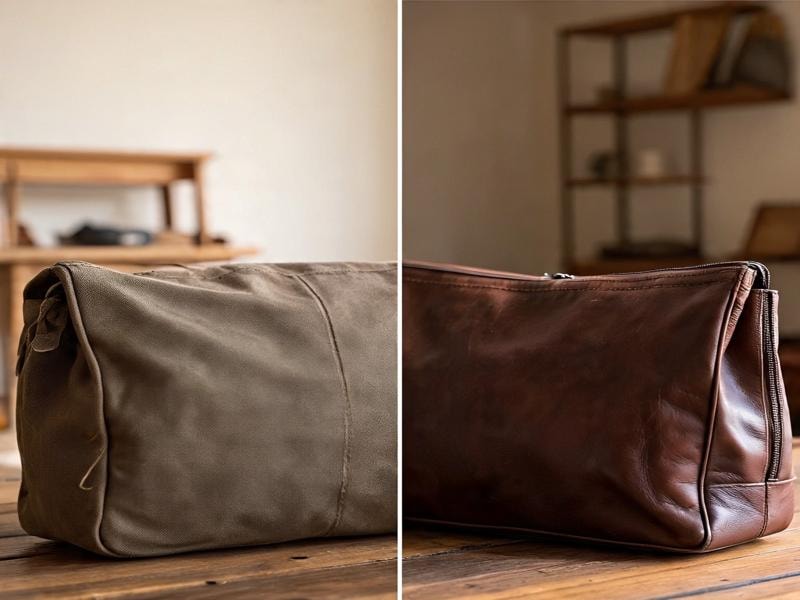 A picture of two rectangular bags placed side by side on a wooden table. The left bag is made from canvas fabric and has a soft, matte texture. The right bag is made from smooth brown leather with visible stitching. Both bags are stylish and made for everyday use.