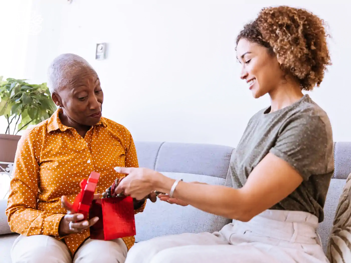 A woman presenting a red gift box to an older woman sitting on a couch. Fabulous Flowers and Gifts. Leo Flowers & Gifts Collection.