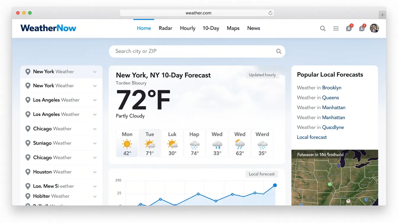 The image showcases a screenshot of Weather.com, demonstrating a programmatic SEO strategy with various programmatic pages designed to enhance user search intent. It features optimized landing pages with structured data, meta titles, and descriptions, aimed at capturing high search volume for specific long-tail keywords related to weather data.