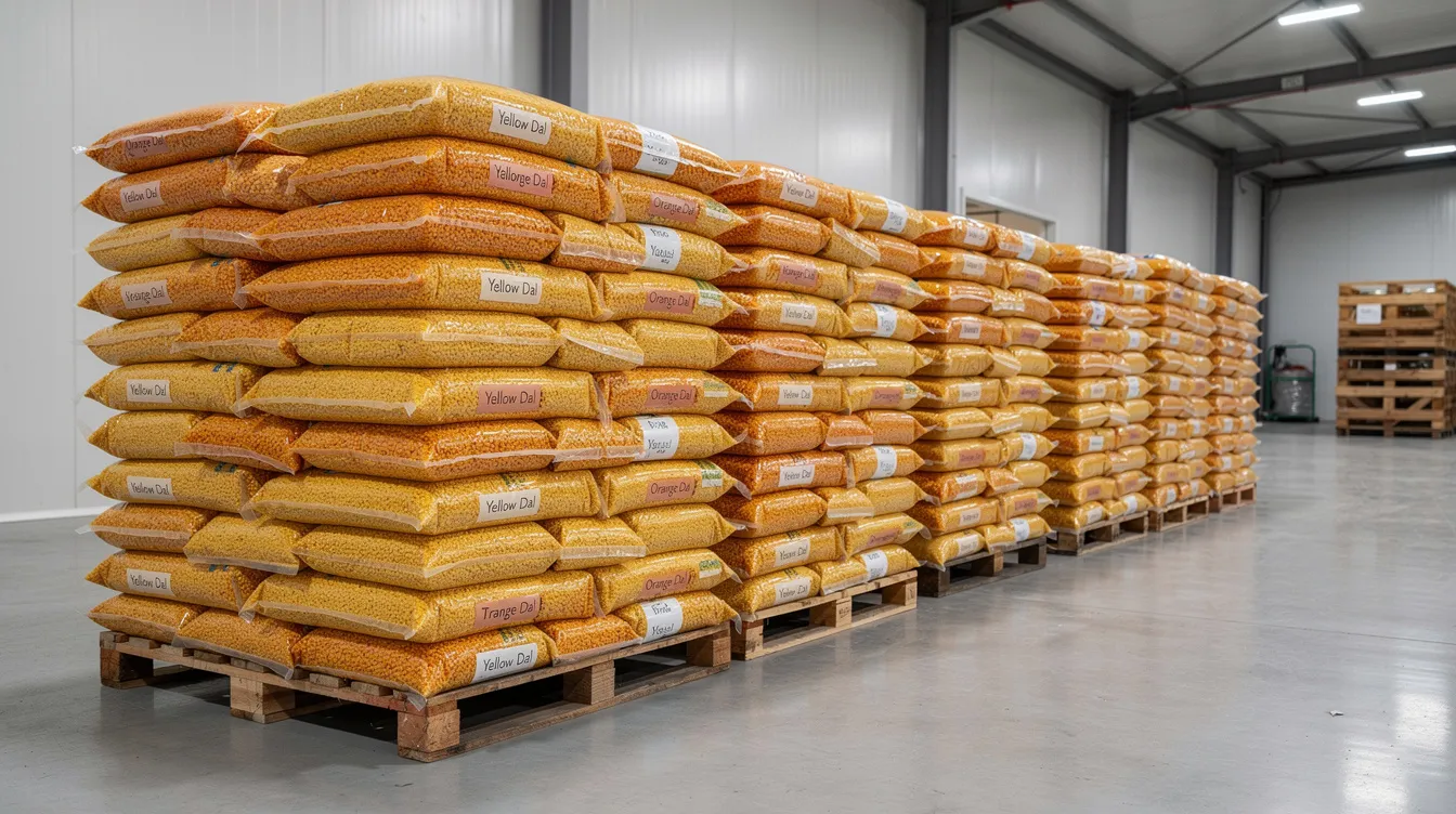 The image shows neatly stacked bags of processed yellow and orange dal in a clean warehouse, highlighting an organized dal mill unit. This setting reflects efficient operations and quality assurance in the dal mill business, catering to the growing demand for good quality dal in local markets.