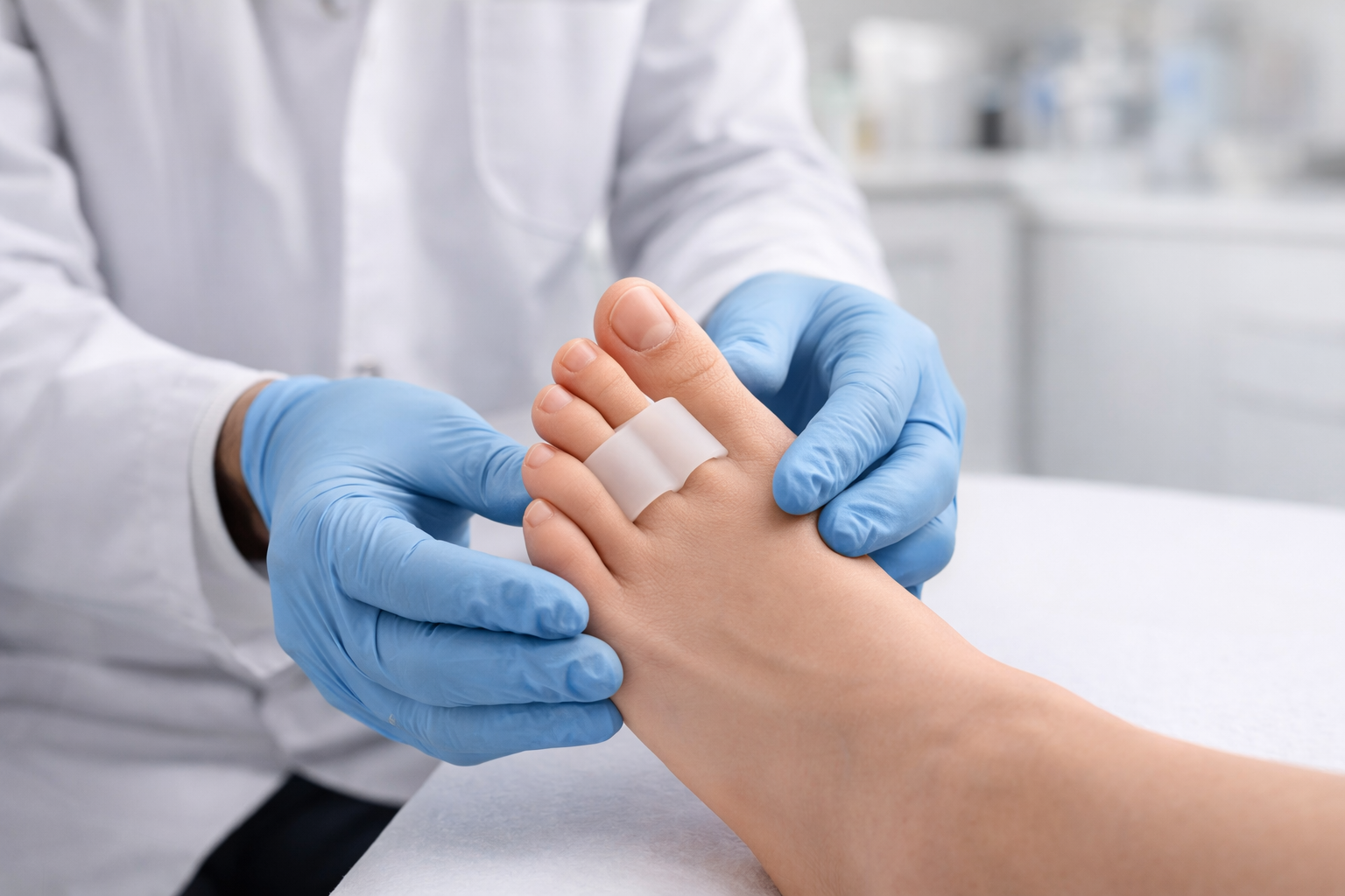 Podiatrist placing toe spacer between patient’s toes during exam