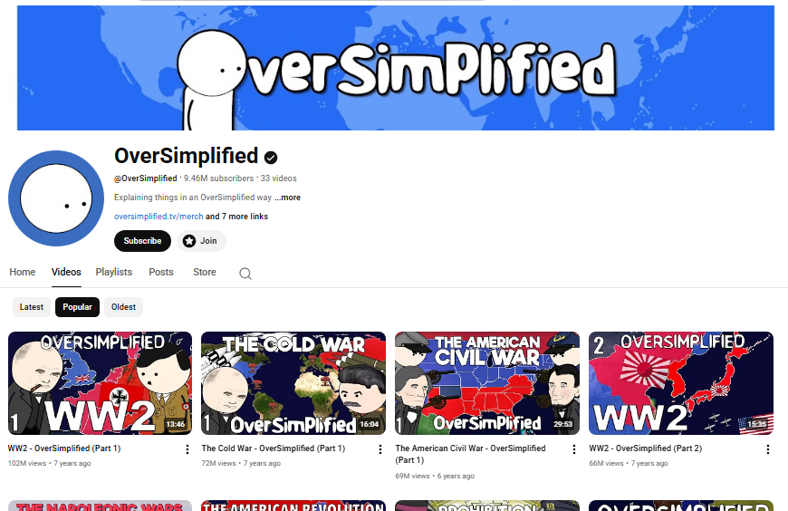 OverSimplified homepage.