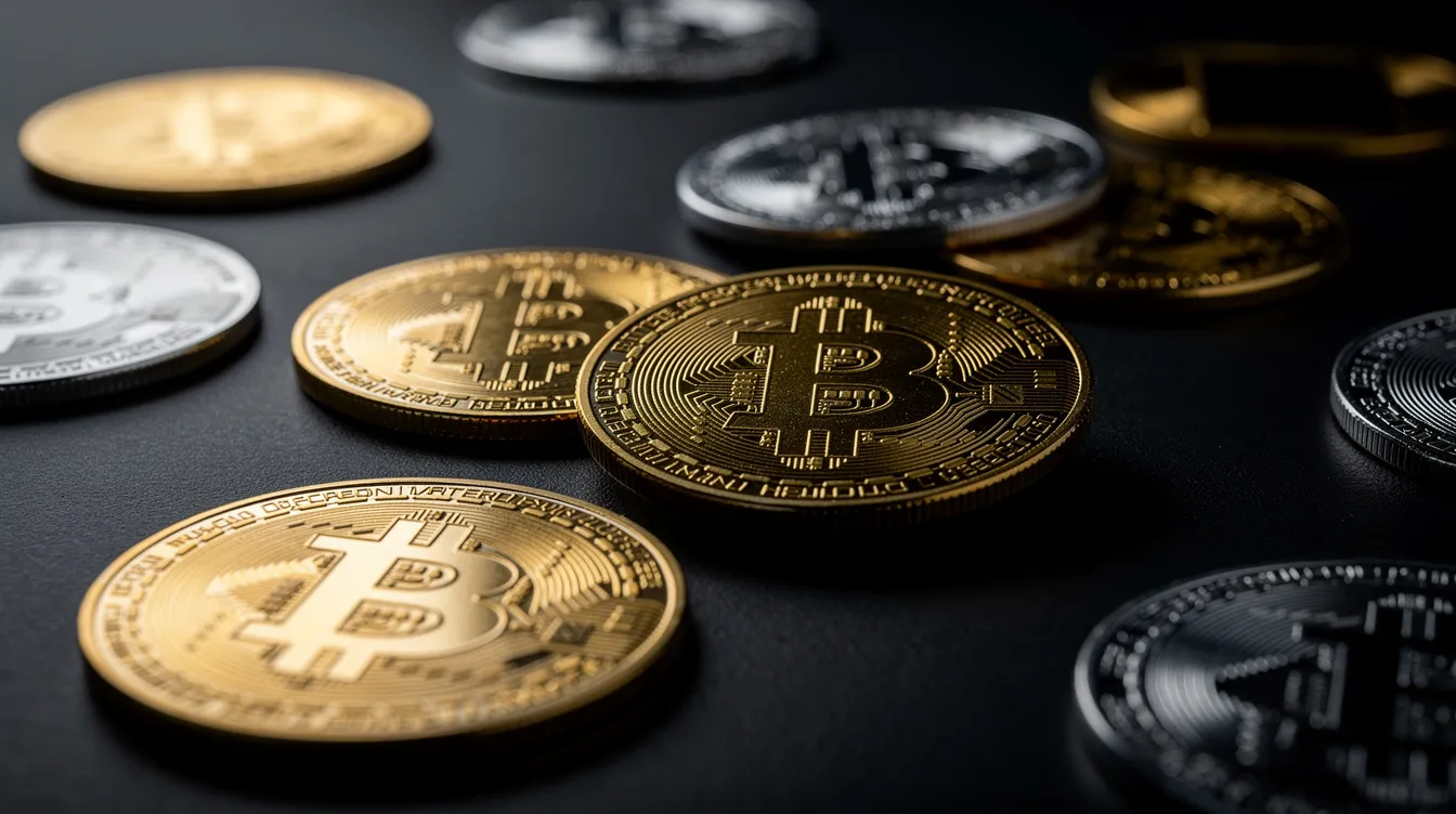The image features several gold and silver cryptocurrency coins scattered on a dark surface, reflecting light and creating a shiny appearance. This visual represents the growing interest in online gambling and the use of cryptocurrencies in betting websites.