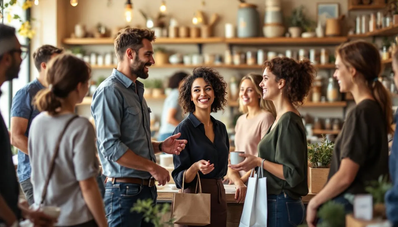 In the image, small business owners are actively engaging with customers inside their local store, showcasing a vibrant atmosphere of commerce and community. This scene highlights the importance of local businesses in today's economy, as they provide valuable services and foster relationships with potential customers.
