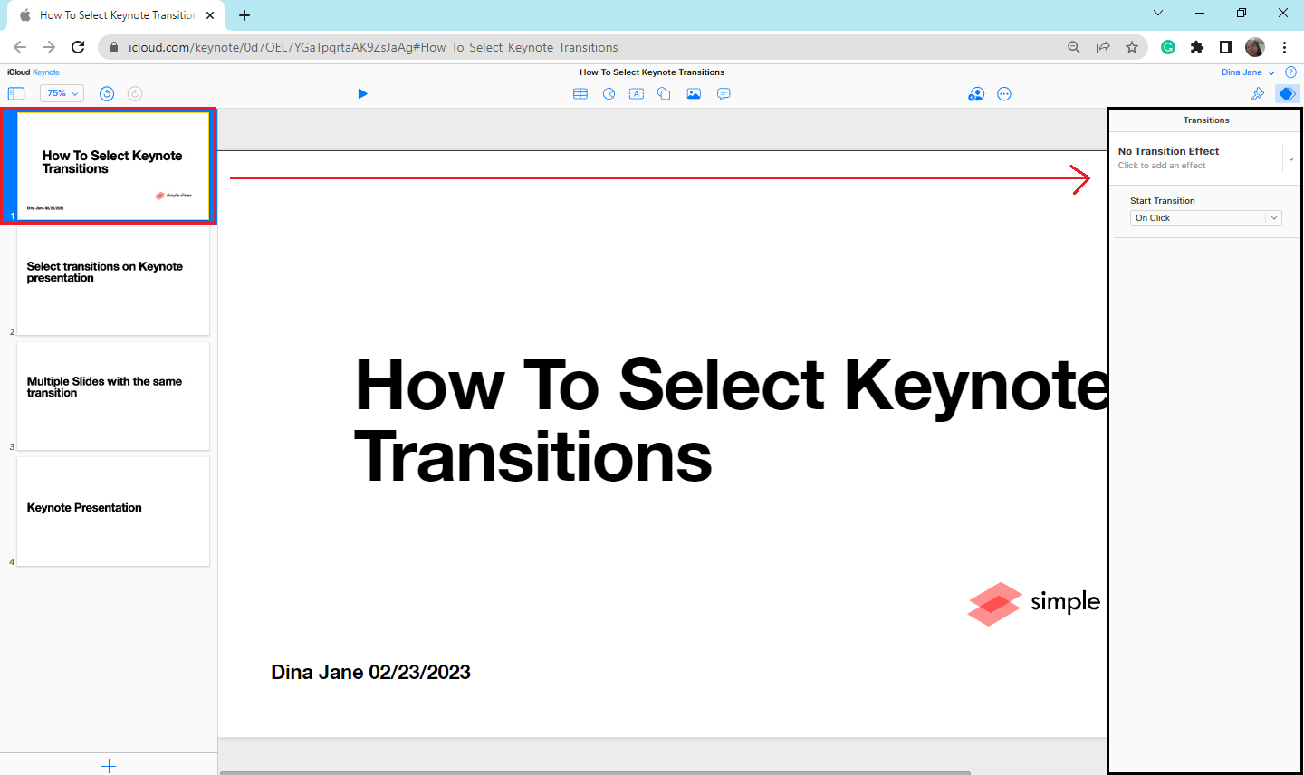 Select the animation options and pick a transition. E.g., push transition makes