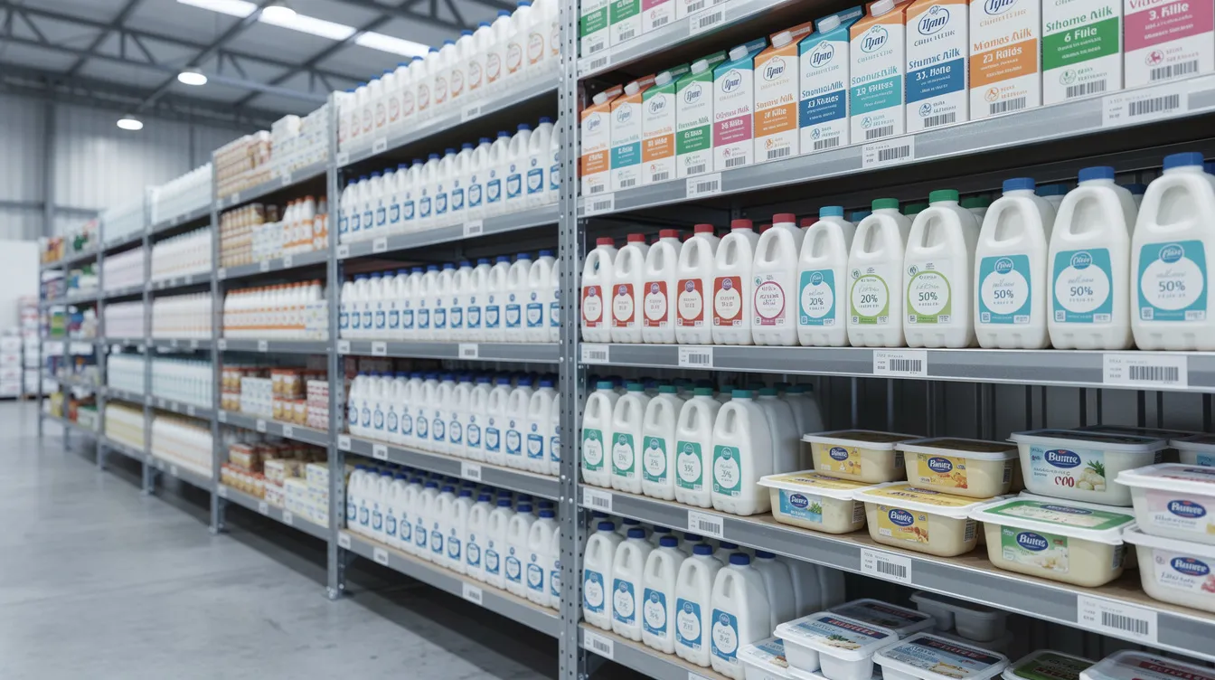 The image shows an industrial warehouse shelving unit filled with various milk cartons and dairy products, highlighting the diversity of the uht milk market. This arrangement reflects the efficient operations of uht milk processing plants, showcasing products that cater to the rising demand for long shelf life and fortified dairy options.