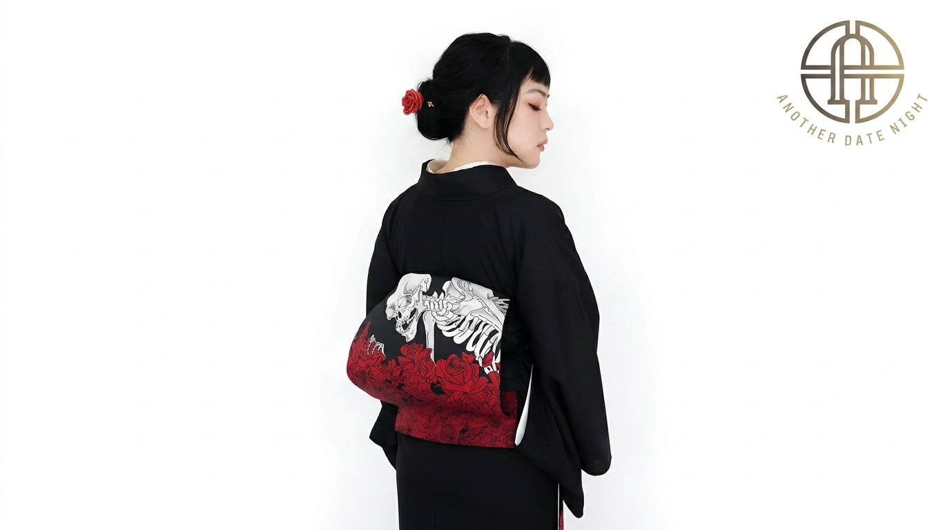 A person is wearing a kimono adorned with a neatly tied pre-tied obi bow at their waist.