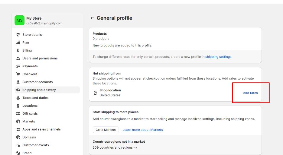 Shopify dashboard - Shipping and delivery settings - Adding new shipping rates - Step 1