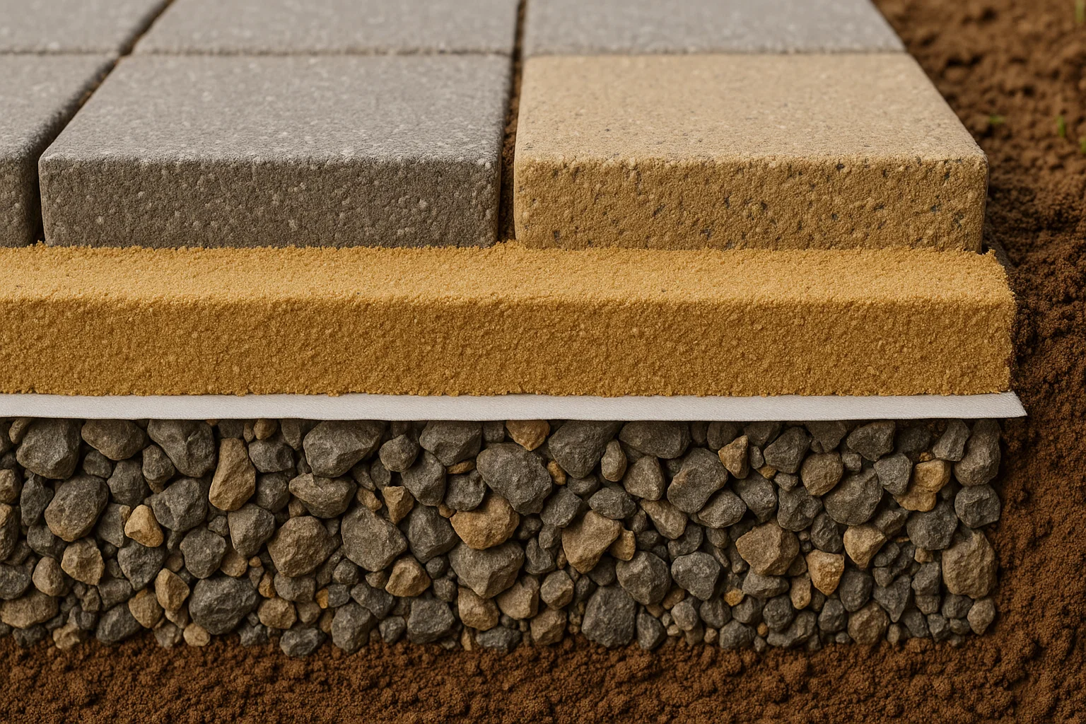 Cross-section of groundwork layers including gravel base and paving slabs.