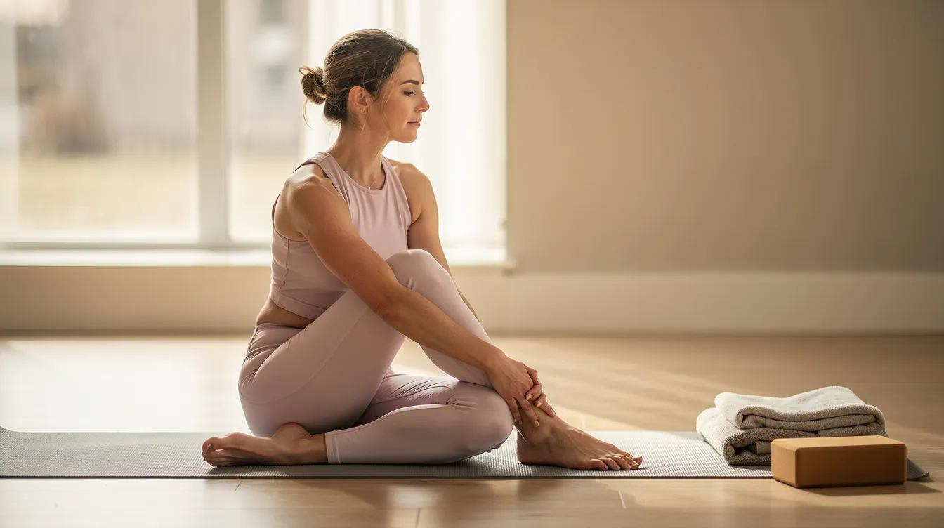 Une femme est en train de pratiquer une posture de yoga douce, assise sur un tapis, avec une expression de sérénité sur le visage. Cette image évoque une approche apaisante pour gérer les symptômes de l'adénomyose, tels que les douleurs pelviennes et le ventre gonflé, tout en favorisant la relaxation et la qualité de vie.