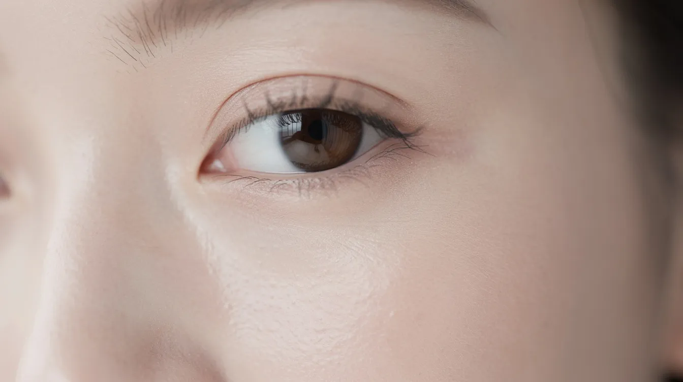 The image shows a close-up of a person's face, highlighting their smooth and refreshed skin around the eyes, suggesting a successful eyelid surgery or blepharoplasty procedure. The natural light accentuates the absence of excess skin on the upper and lower eyelids, indicating a complete recovery from the surgery.