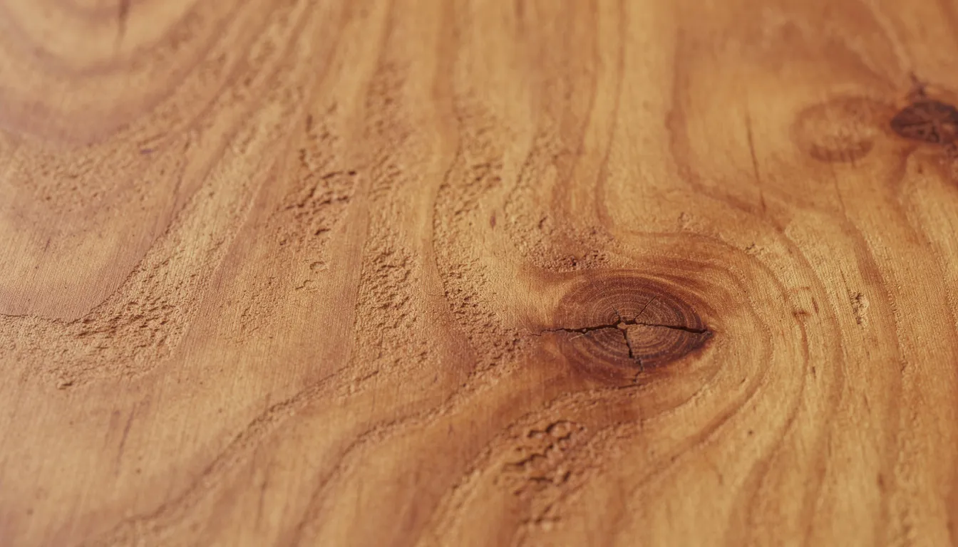 A close-up view of natural cedar wood grain reveals warm amber tones and a characteristic texture, showcasing the beauty of cedar wood commonly used in sauna benches and interiors. The intricate patterns highlight the wood's porous nature, which requires minimal maintenance and protective treatments to preserve its natural oils and appearance.