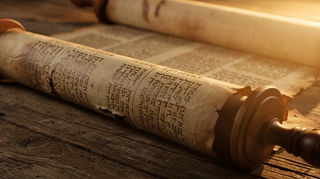 An ancient Torah scroll is partially unrolled on a wooden table, illuminated by warm light, symbolizing the significance of God's word in Jewish religious life. This scroll, central to rabbinic Judaism, reflects the rich traditions and laws that have shaped the Jewish population throughout history, including the teachings of the Pharisees and their influence during Jesus' time.