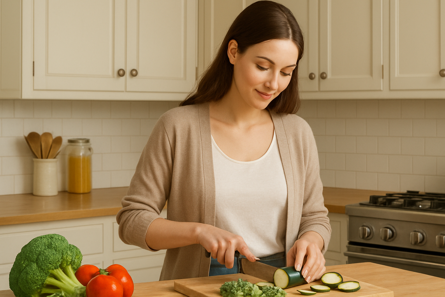 A modern mother is preparing vegetables for her family meal
