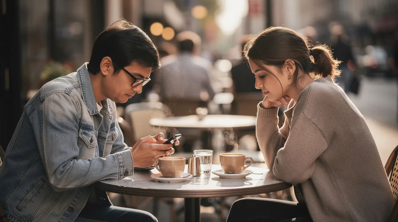 In a cozy cafe, two people sit across from each other, absorbed in their smartphones, their thoughtful expressions reflecting emotional intimacy and a shared vision for their future. The atmosphere suggests a connection where they are likely discussing their life goals and understanding each other's perspectives.