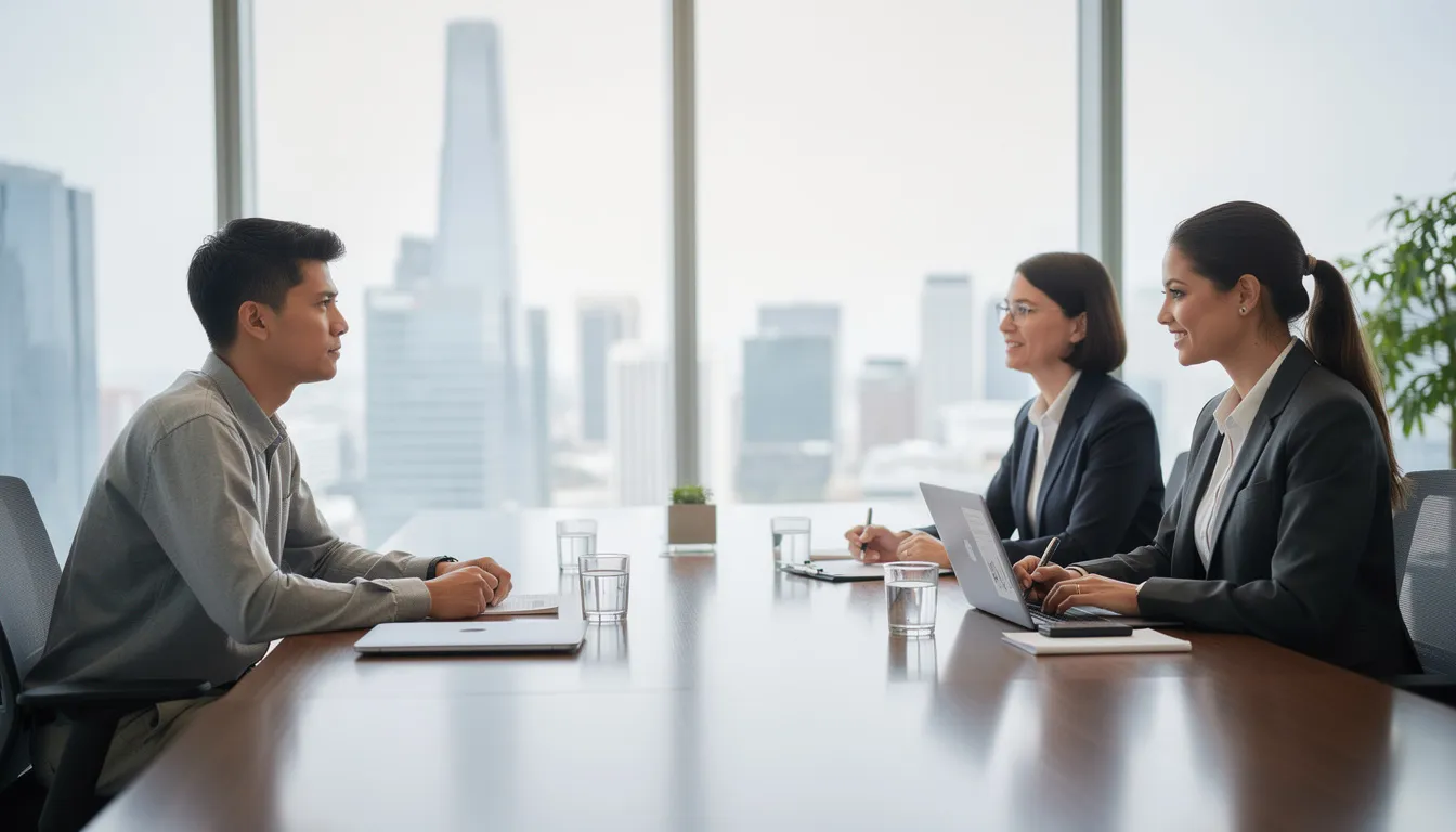 The image depicts a professional meeting in an office setting, where an employee discusses their workers compensation claim with HR representatives. The atmosphere is formal, highlighting the importance of addressing workplace injuries and the legal rights of injured workers under Colorado workers compensation laws.