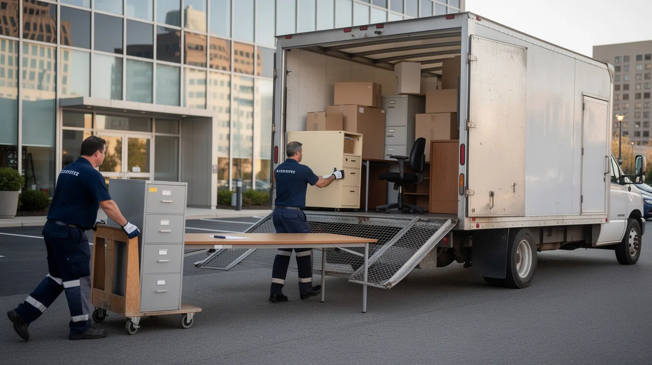 A professional junk removal crew is seen efficiently loading unwanted office furniture, including desks and filing cabinets, into a large truck for responsible disposal. This hassle-free service caters to Connecticut businesses, ensuring a clutter-free space with transparent pricing and same-day service.