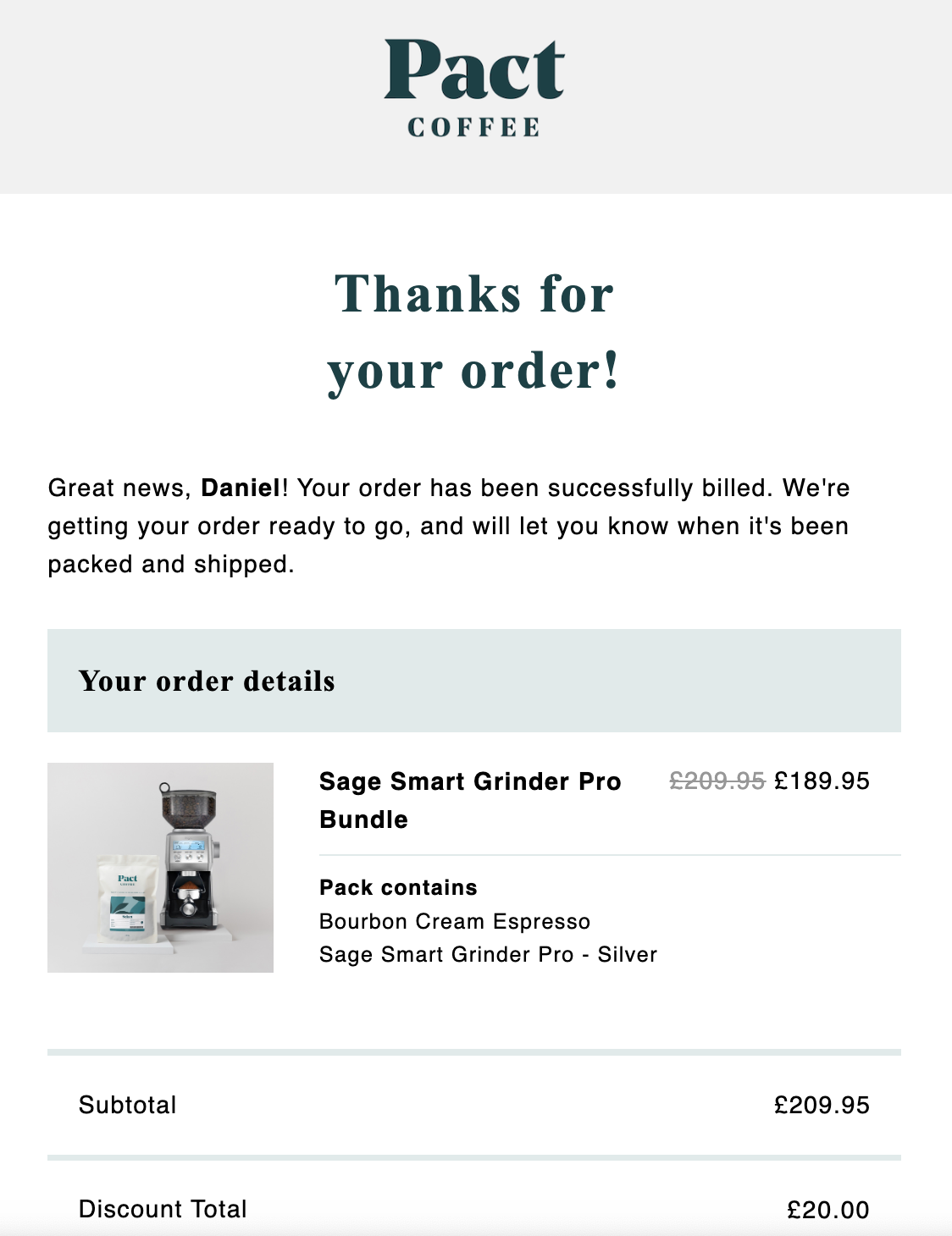 Pact Coffee Review: A Busy Parent’s Guide to Better Coffee at Home 6 Order confirmation email from pactcoffee.com