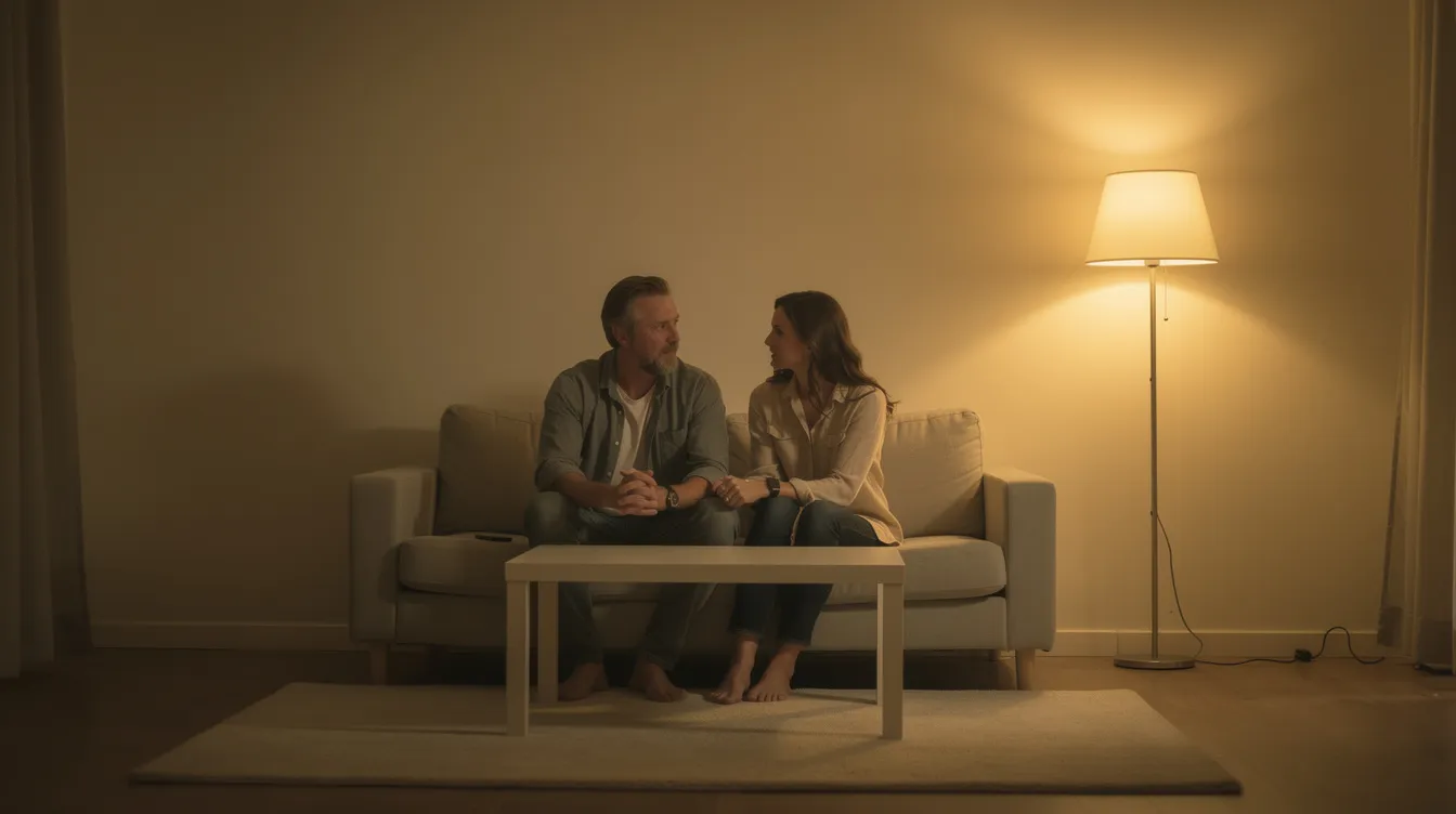 Ein Mann und eine Frau sitzen in einem einfach eingerichteten Wohnzimmer, umgeben von warmem Lampenlicht, das eine intime Atmosphäre schafft. Sie haben Blickkontakt und strahlen eine ruhige Stimmung aus, die an die Beziehungen in klassischen Filmen wie "Rocky" erinnert.