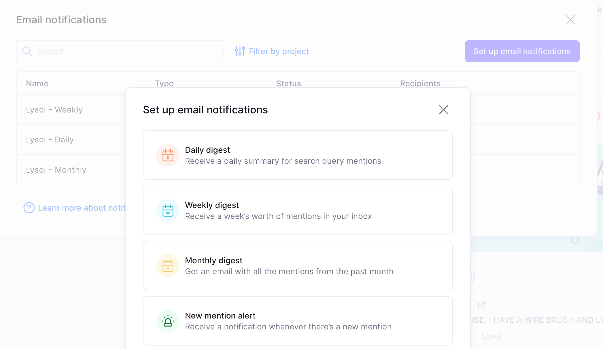 Prowly's interface displaying information about different types of email notifications.